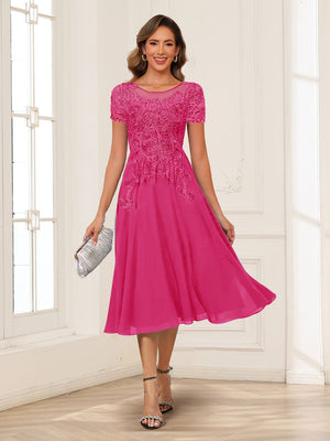 A-Line/Princess Scoop Short Sleeves Chiffon Mother of the Bride Dresses with Applique