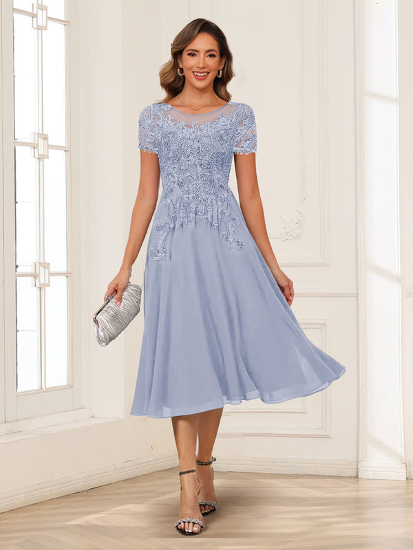 A-Line/Princess Scoop Short Sleeves Chiffon Mother of the Bride Dresses with Applique
