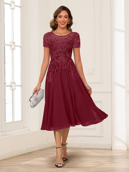 A-Line/Princess Scoop Short Sleeves Chiffon Mother of the Bride Dresses with Applique