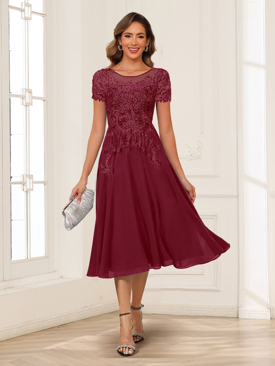 A-Line/Princess Scoop Short Sleeves Chiffon Mother of the Bride Dresses with Applique