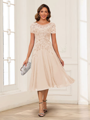 A-Line/Princess Scoop Short Sleeves Chiffon Mother of the Bride Dresses with Applique