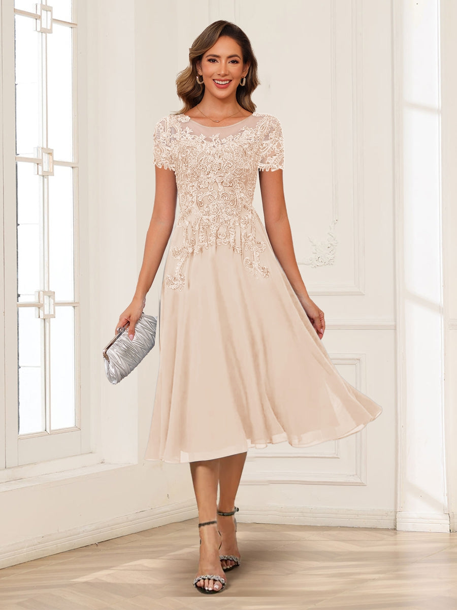 A-Line/Princess Scoop Short Sleeves Chiffon Mother of the Bride Dresses with Applique