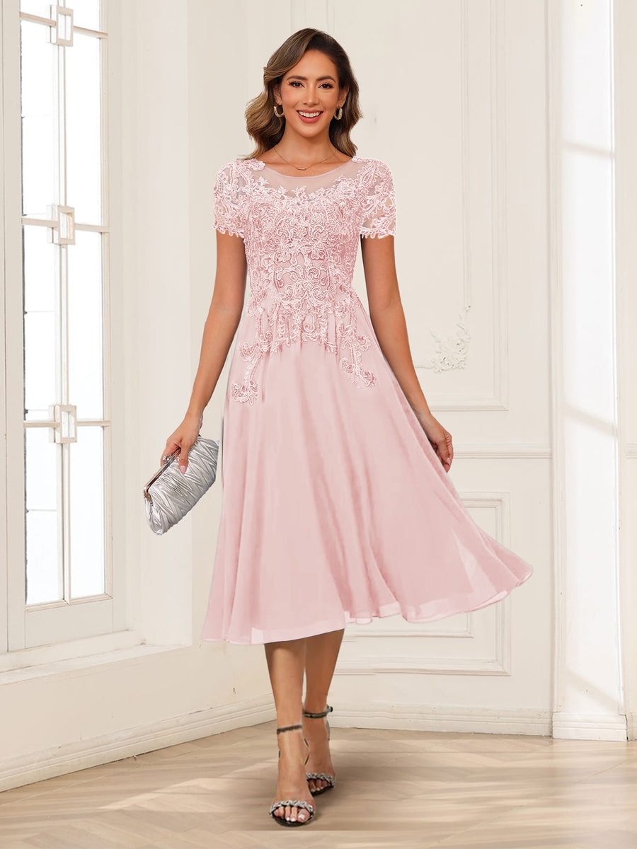 A-Line/Princess Scoop Short Sleeves Chiffon Mother of the Bride Dresses with Applique