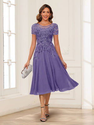 A-Line/Princess Scoop Short Sleeves Chiffon Mother of the Bride Dresses with Applique
