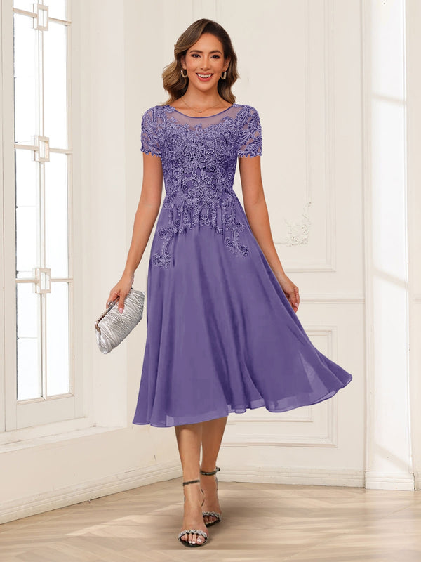 A-Line/Princess Scoop Short Sleeves Chiffon Mother of the Bride Dresses with Applique