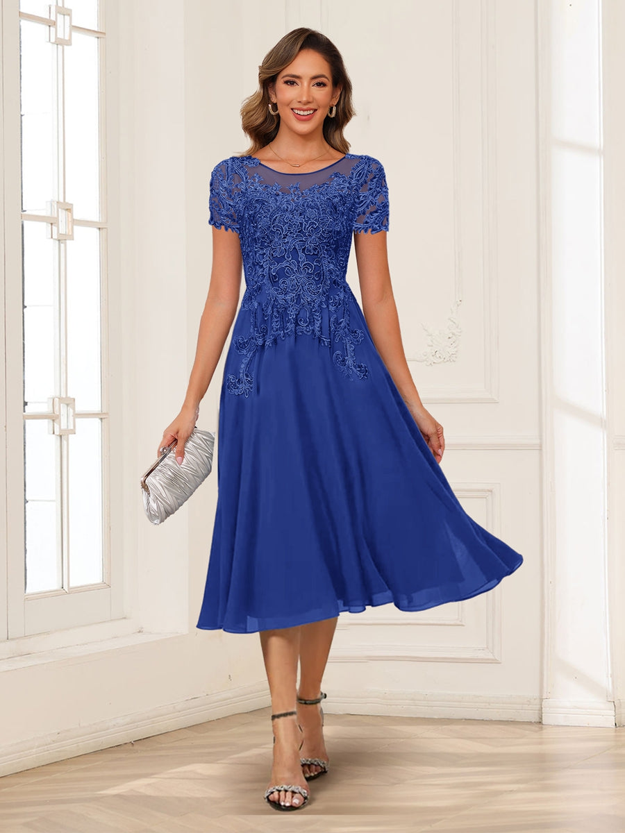 A-Line/Princess Scoop Short Sleeves Chiffon Mother of the Bride Dresses with Applique