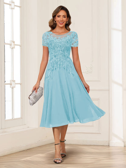 A-Line/Princess Scoop Short Sleeves Chiffon Mother of the Bride Dresses with Applique