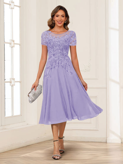 A-Line/Princess Scoop Short Sleeves Chiffon Mother of the Bride Dresses with Applique