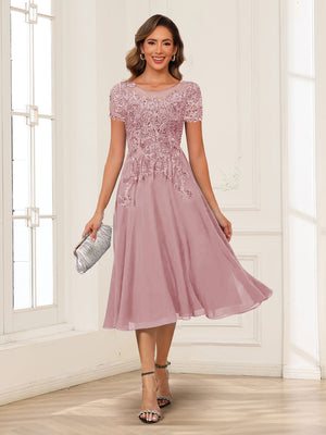 A-Line/Princess Scoop Short Sleeves Chiffon Mother of the Bride Dresses with Applique