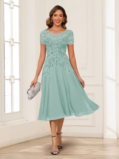 A-Line/Princess Scoop Short Sleeves Chiffon Mother of the Bride Dresses with Applique