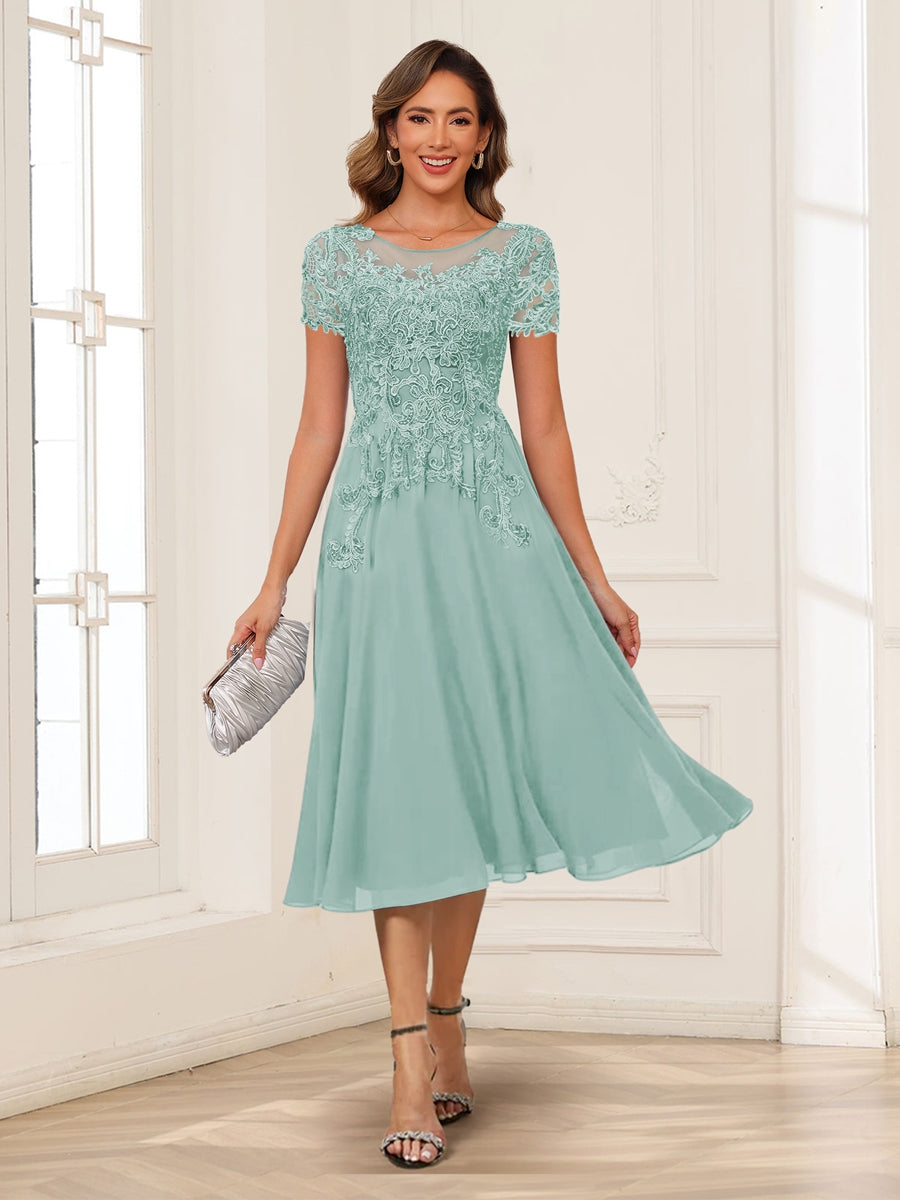 A-Line/Princess Scoop Short Sleeves Chiffon Mother of the Bride Dresses with Applique