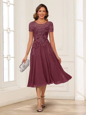 A-Line/Princess Scoop Short Sleeves Chiffon Mother of the Bride Dresses with Applique
