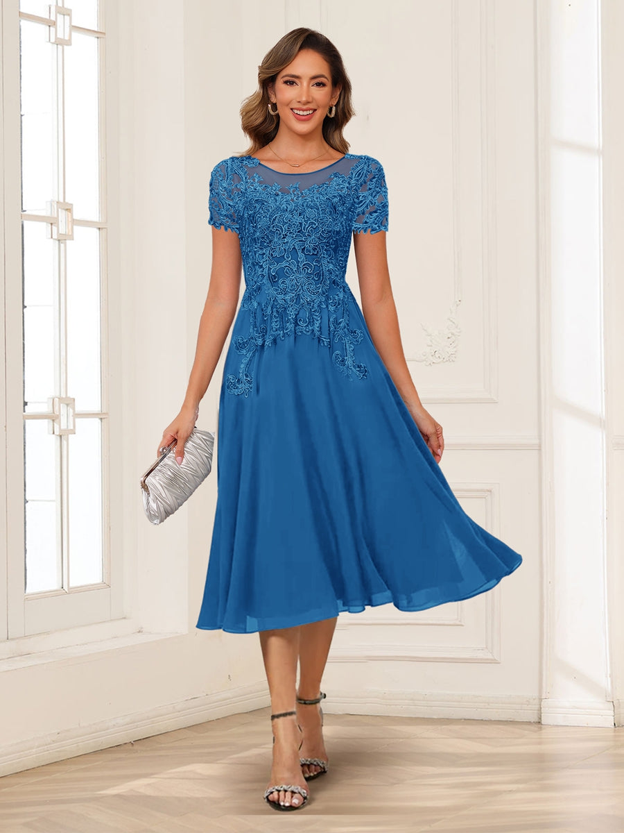 A-Line/Princess Scoop Short Sleeves Chiffon Mother of the Bride Dresses with Applique