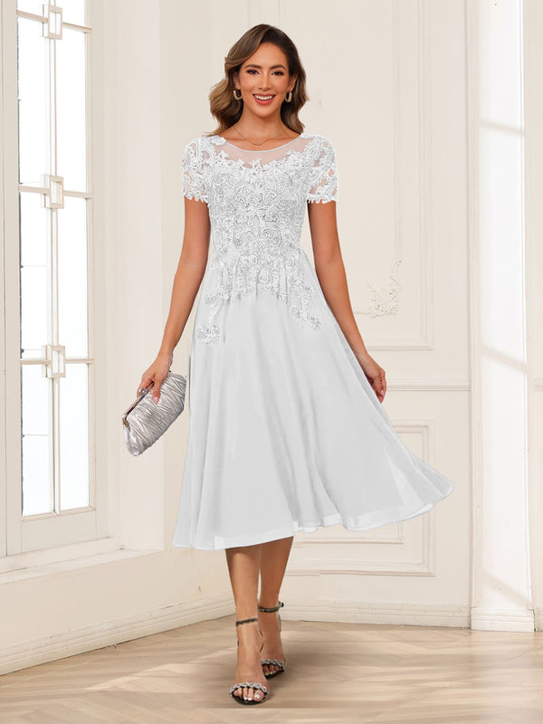 A-Line/Princess Scoop Short Sleeves Chiffon Mother of the Bride Dresses with Applique