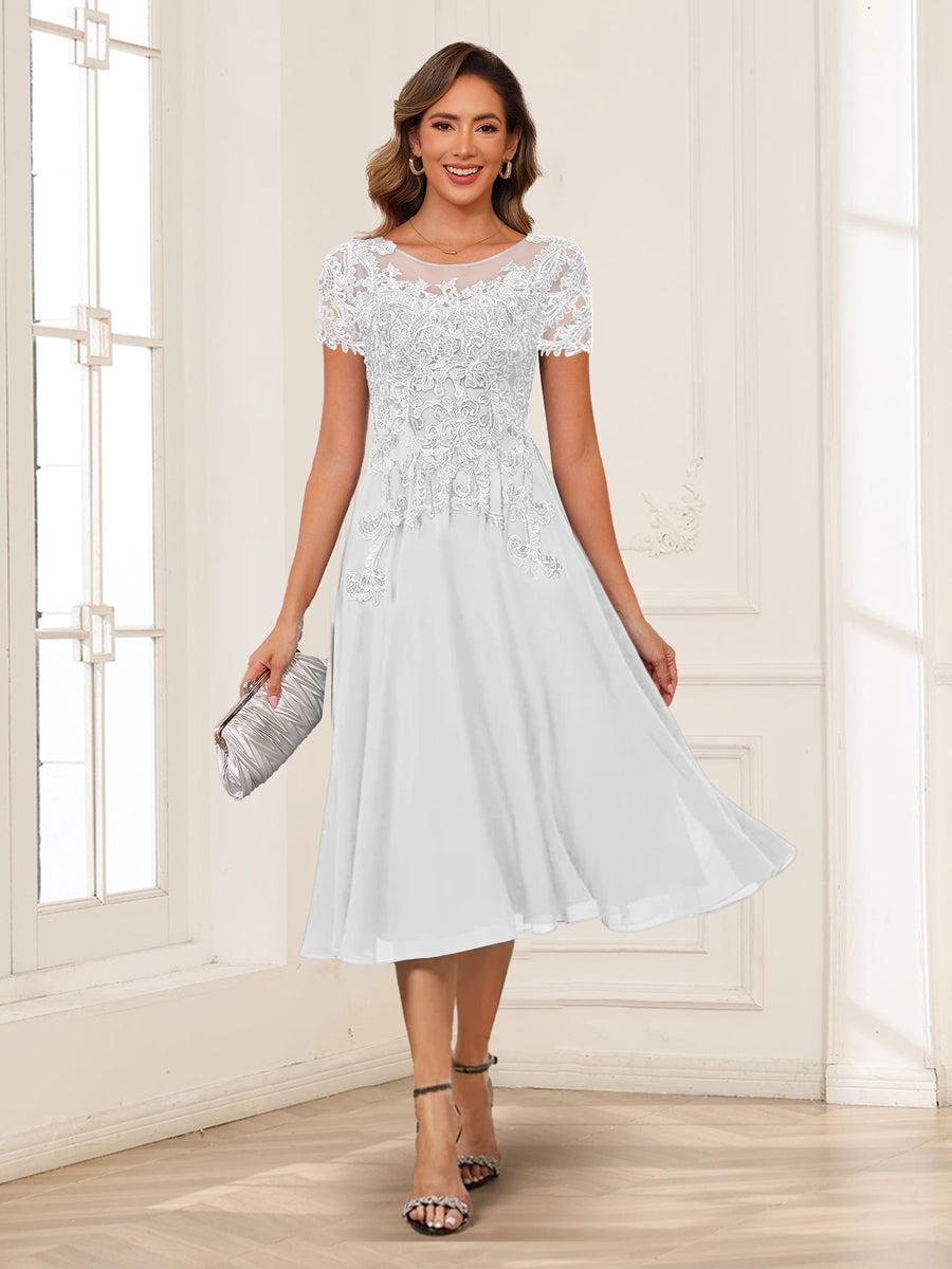 A-Line/Princess Scoop Short Sleeves Chiffon Mother of the Bride Dresses with Applique