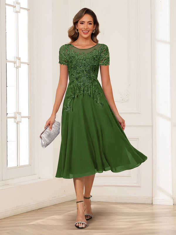 A-Line/Princess Scoop Short Sleeves Chiffon Mother of the Bride Dresses with Applique
