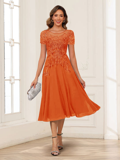 A-Line/Princess Scoop Short Sleeves Chiffon Mother of the Bride Dresses with Applique