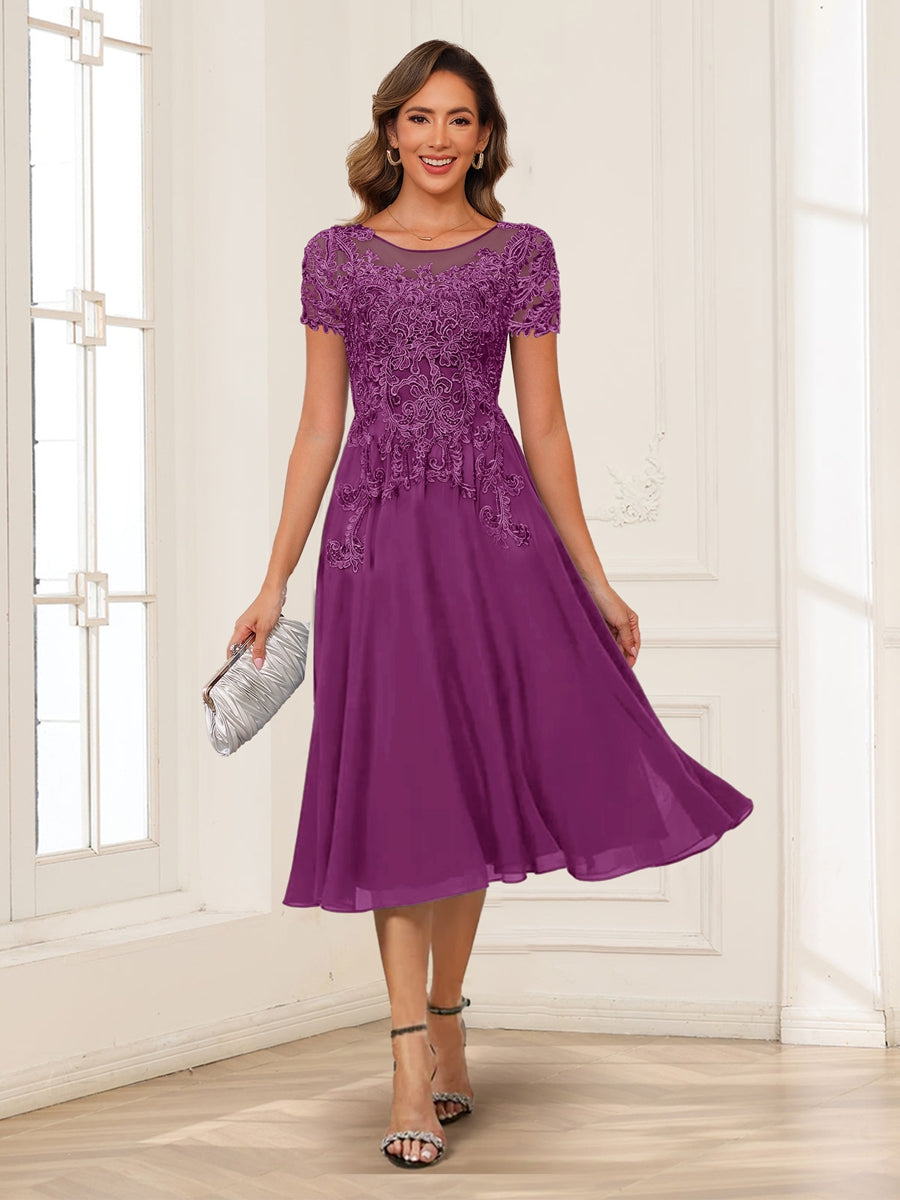 Lavetir Mother of the Bride Dresses Fuchsia A-Line/Princess Scoop Short Sleeves Chiffon with Applique 2026