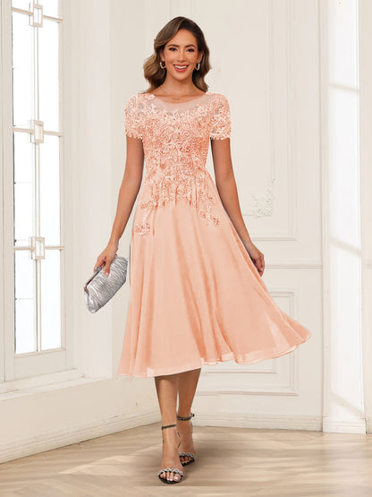 A-Line/Princess Scoop Short Sleeves Chiffon Mother of the Bride Dresses with Applique