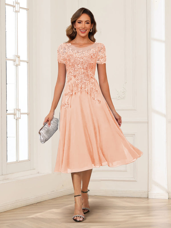 A-Line/Princess Scoop Short Sleeves Chiffon Mother of the Bride Dresses with Applique