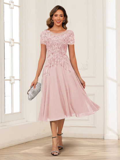 A-Line/Princess Scoop Short Sleeves Chiffon Mother of the Bride Dresses with Applique