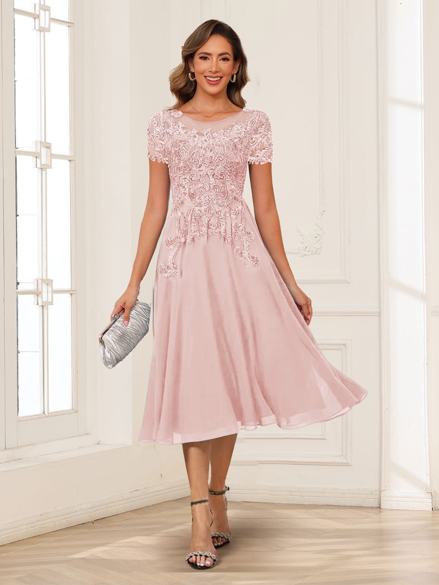 A-Line/Princess Scoop Short Sleeves Chiffon Mother of the Bride Dresses with Applique