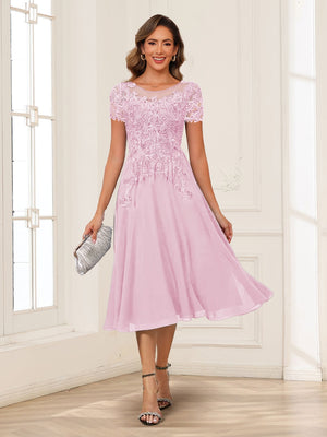 A-Line/Princess Scoop Short Sleeves Chiffon Mother of the Bride Dresses with Applique