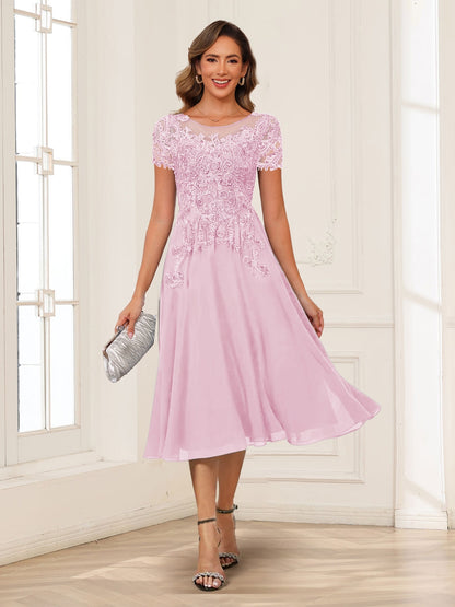 A-Line/Princess Scoop Short Sleeves Chiffon Mother of the Bride Dresses with Applique