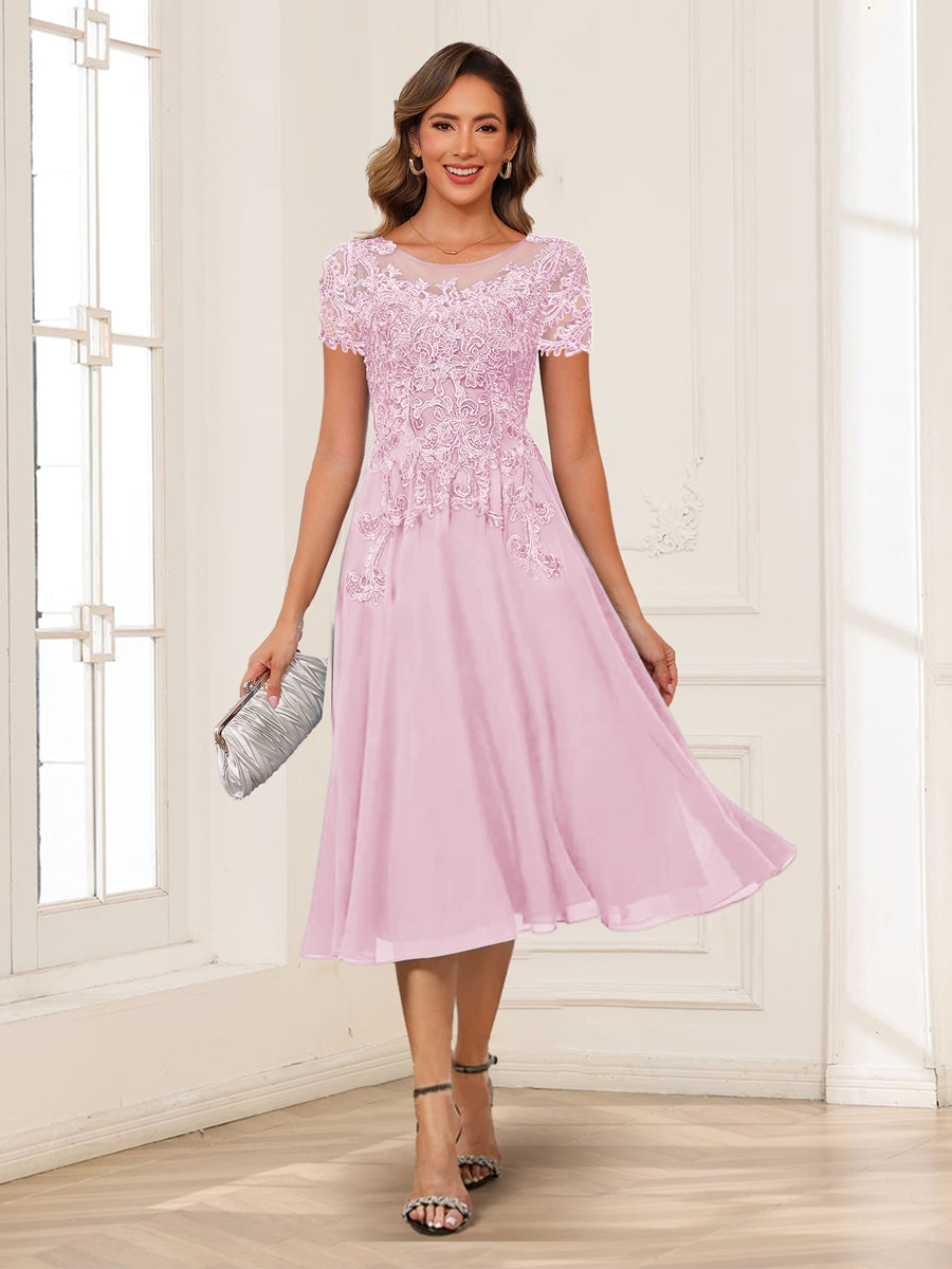 A-Line/Princess Scoop Short Sleeves Chiffon Mother of the Bride Dresses with Applique