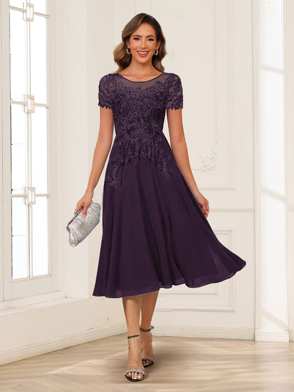 A-Line/Princess Scoop Short Sleeves Chiffon Mother of the Bride Dresses with Applique