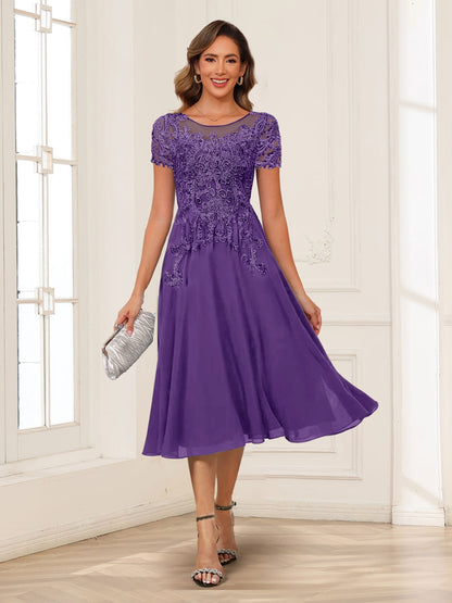 A-Line/Princess Scoop Short Sleeves Chiffon Mother of the Bride Dresses with Applique