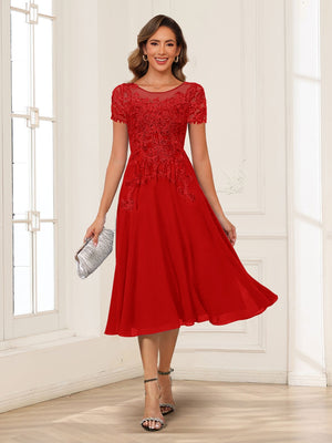 A-Line/Princess Scoop Short Sleeves Chiffon Mother of the Bride Dresses with Applique