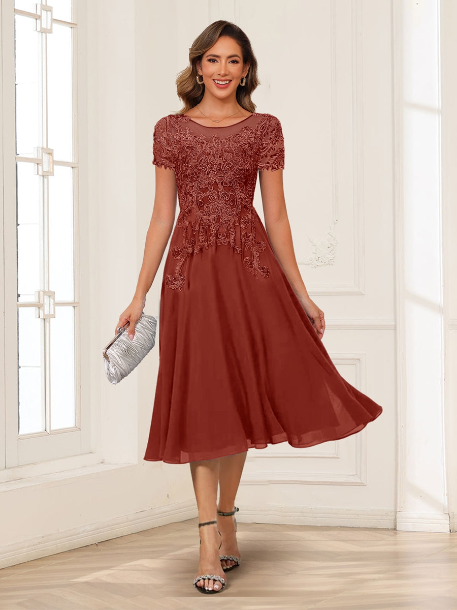 A-Line/Princess Scoop Short Sleeves Chiffon Mother of the Bride Dresses with Applique