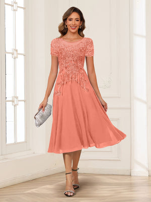 A-Line/Princess Scoop Short Sleeves Chiffon Mother of the Bride Dresses with Applique