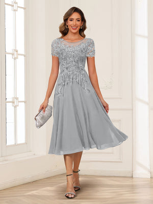 A-Line/Princess Scoop Short Sleeves Chiffon Mother of the Bride Dresses with Applique