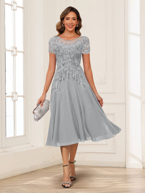 A-Line/Princess Scoop Short Sleeves Chiffon Mother of the Bride Dresses with Applique