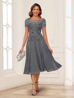 A-Line/Princess Scoop Short Sleeves Chiffon Mother of the Bride Dresses with Applique