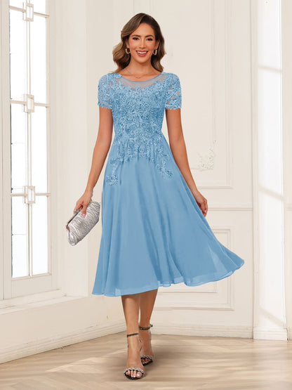 A-Line/Princess Scoop Short Sleeves Chiffon Mother of the Bride Dresses with Applique