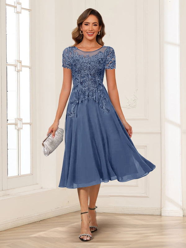 A-Line/Princess Scoop Short Sleeves Chiffon Mother of the Bride Dresses with Applique