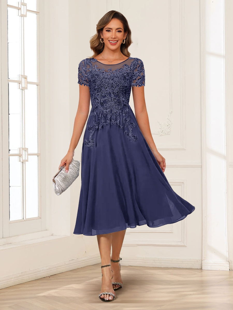 A-Line/Princess Scoop Short Sleeves Chiffon Mother of the Bride Dresses with Applique