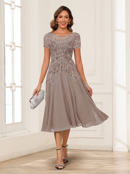 A-Line/Princess Scoop Short Sleeves Chiffon Mother of the Bride Dresses with Applique