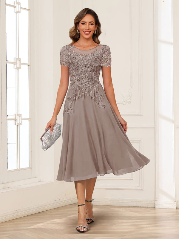 A-Line/Princess Scoop Short Sleeves Chiffon Mother of the Bride Dresses with Applique