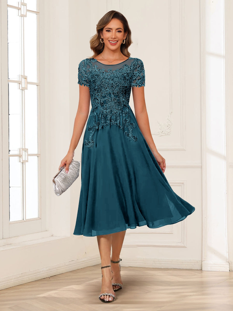 A-Line/Princess Scoop Short Sleeves Chiffon Mother of the Bride Dresses with Applique