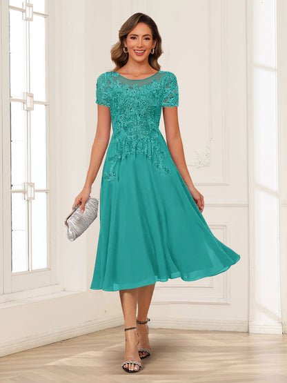 A-Line/Princess Scoop Short Sleeves Chiffon Mother of the Bride Dresses with Applique