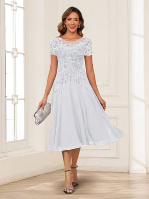 A-Line/Princess Scoop Short Sleeves Chiffon Mother of the Bride Dresses with Applique
