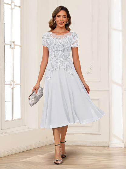 A-Line/Princess Scoop Short Sleeves Chiffon Mother of the Bride Dresses with Applique