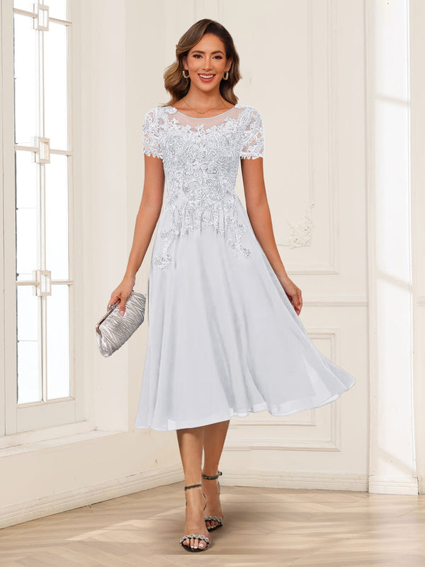 A-Line/Princess Scoop Short Sleeves Chiffon Mother of the Bride Dresses with Applique