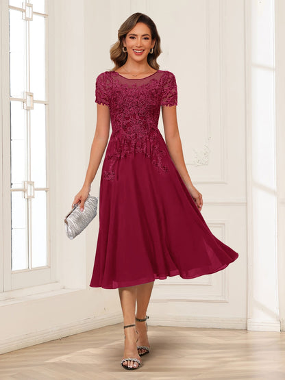 A-Line/Princess Scoop Short Sleeves Chiffon Mother of the Bride Dresses with Applique