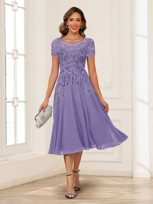A-Line/Princess Scoop Short Sleeves Chiffon Mother of the Bride Dresses with Applique