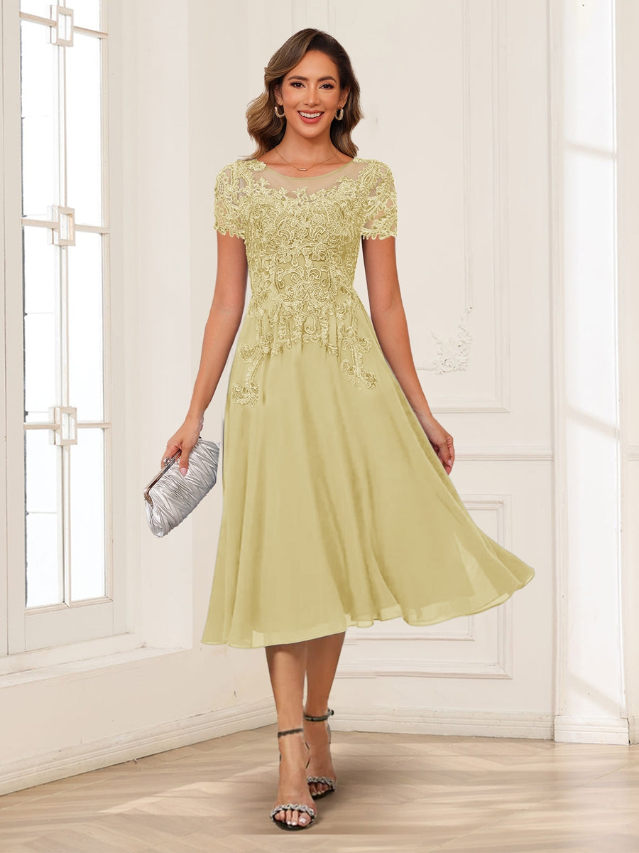 A-Line/Princess Scoop Short Sleeves Chiffon Mother of the Bride Dresses with Applique